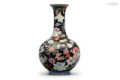 Qianlong six-character iron-red mark A black-ground famille-rose 'floral' vase