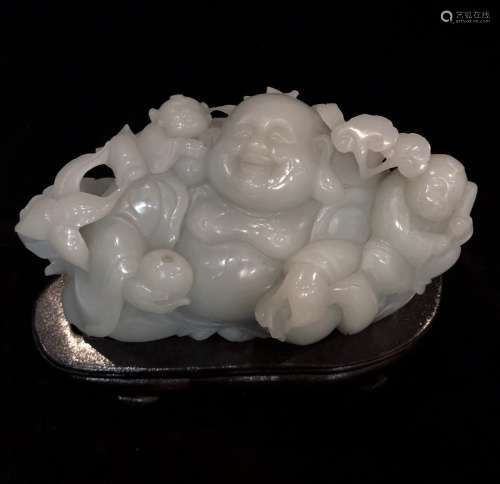 Carved White Jade Buddha with Wood Stand