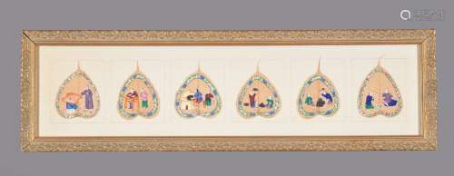 A group of Fifteen Chinese pith paintings on Bodhi or Peepal leaves