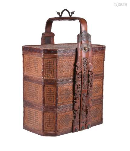 A large Chinese carved bamboo and rattan three-section picnic basket