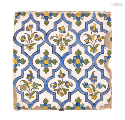 A Qajar Cuerda Seca glazed polychome glazed pottrey tile Persia probably circa 1800