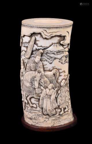 ϒ A good Japanese carved tusk vase depicting the poet Narihira with attendants
