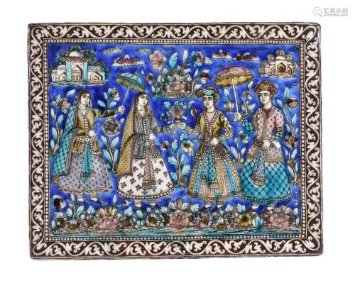 A Qajar square polychrome pottery tile Persia 19th century