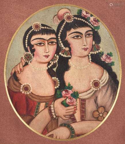 A pair of Qajar 19th century double portraits