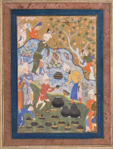 A miniature of banquet being served on a rocky hillside Safavid Persia c. 1550 – 1570