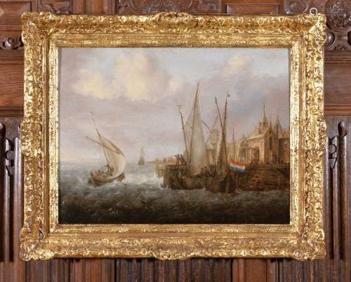 Jan Peeters the Elder (Flemish 1624-c.1677) Shipping in choppy seas off a harbour