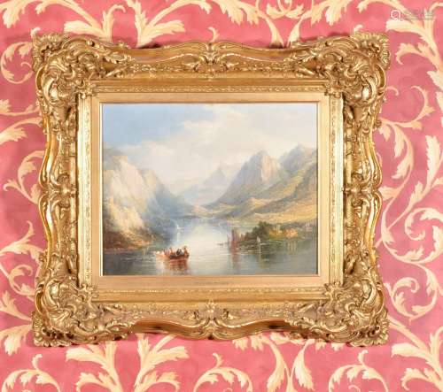 Thomas Creswick (British 1811-1869) A Swiss Lake scene with figures in a boat
