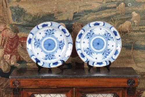 A pair of Dutch Delft blue and white chargers
