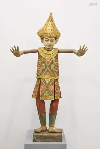 Statue en bois sculpté polychrome asiatique (Ht 14...