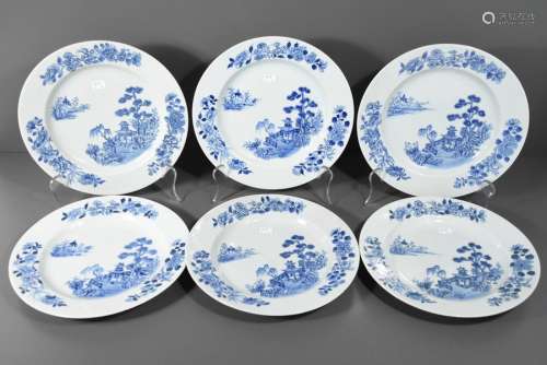 Série de six assiettes en porcelaine de Chine bleu...