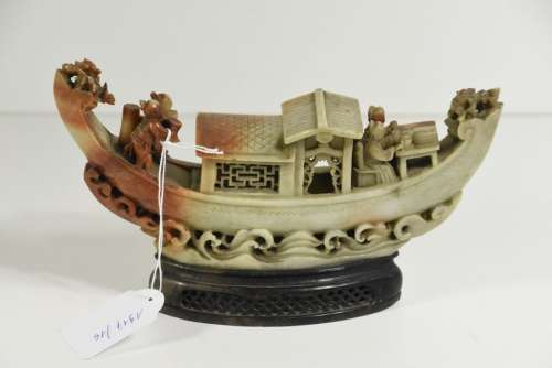 Barque sculptée en pierre de lard, Chine 19ème (Lo...