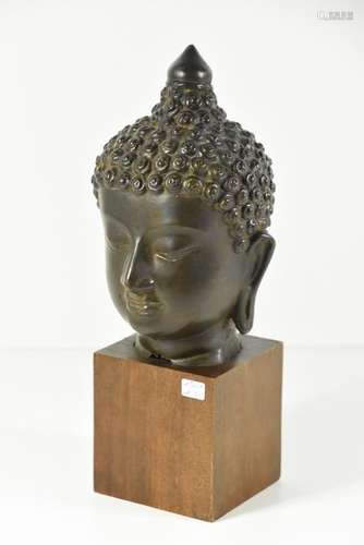 Tête de Bouddha ancienne en bronze, soclée (Ht.Hor...