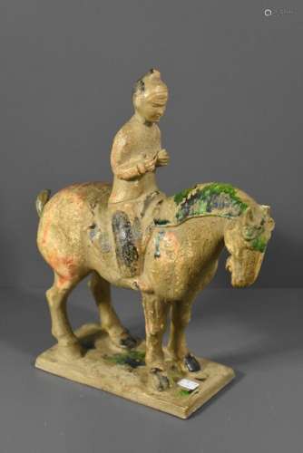 Cavalier et son cheval en terre cuite chinoise (Ht...