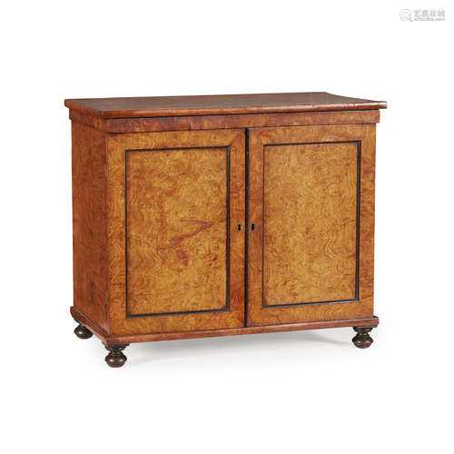 REGENCY BURR OAK AND EBONISED TABLE CABINET EARLY 19TH CENTURY with a pair of recessed panel doors