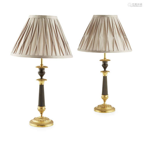 PAIR OF RESTAURATION PATINATED AND GILDED BRONZE TABLE LAMPS EARLY 19TH CENTURY converted from