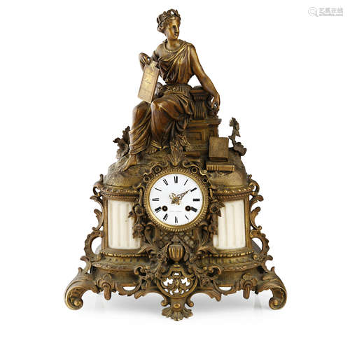 FRENCH GILT BRONZE AND WHITE MARBLE MANTEL CLOCK, BY FOY A PARIS 19TH CENTURY surmounted by seated