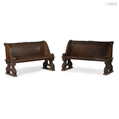 PAIR OF GEORGE IV CARVED OAK HALL BENCHES, POSSIBLY GILLOWS EARLY 19TH CENTURY the leaf carved