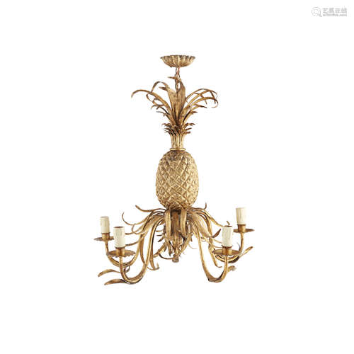 GILTWOOD AND METAL 'PINEAPPLE' FIVE LIGHT CHANDELIER 20TH CENTURY the central giltwood pineapple