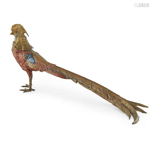 LARGE AUSTRIAN COLD PAINTED BRONZE FIGURE OF A GOLDEN PHEASANT EARLY 20TH CENTURY realistically