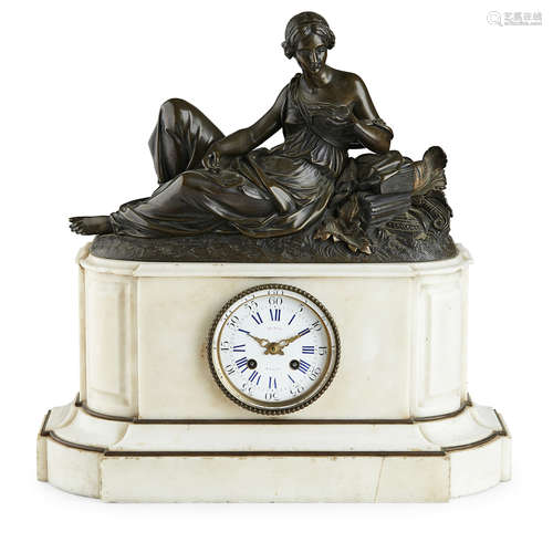 FRENCH PATINATED BRONZE AND MARBLE MANTEL CLOCK, SIGNED GUYON A LYON 19TH CENTURY surmounted by a