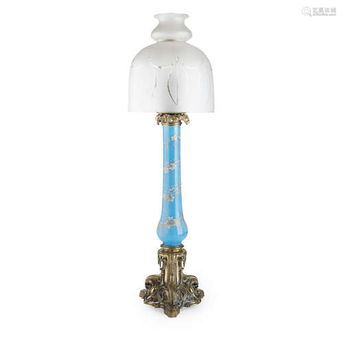 VICTORIAN ENAMELLED OPAQUE BLUE GLASS AND BRASS OIL LAMP 19TH CENTURY the slender baluster body with