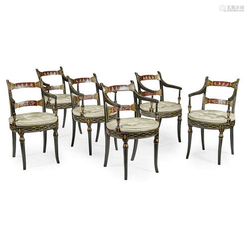 SET OF SIX REGENCY POLYCHROMED, GILT AND CANED ARMCHAIRS EARLY 19TH CENTURY the ebonised frames