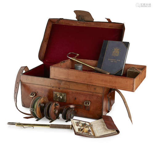 HARDY BROS. LEATHER FLY-FISHING TACKLE CASE AND CONTENTS EARLY 20TH CENTURY the brown leather case