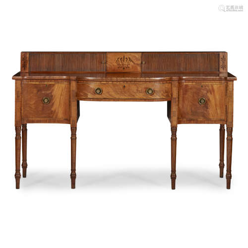 REGENCY MAHOGANY, KINGWOOD AND INLAID STAGEBACK SIDEBOARD EARLY 19TH CENTURY the superstructure with