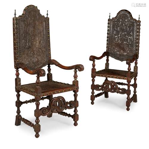 PAIR OF FLEMISH WALNUT AND TOOLED LEATHER ARMCHAIRS 19TH CENTURY in 17th century style, the high