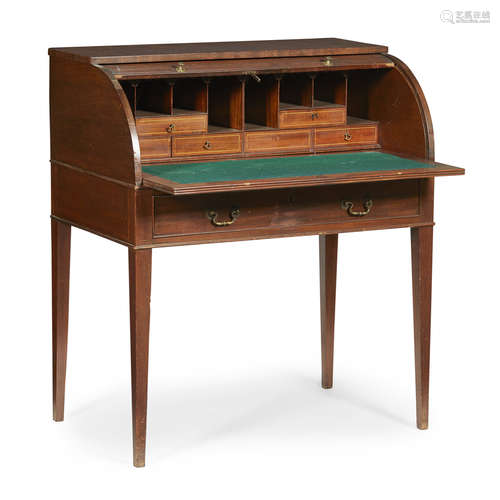 GEORGE III MAHOGANY TAMBOUR TOP DESK 18TH CENTURY the tambour top opening to an interior with pigeon