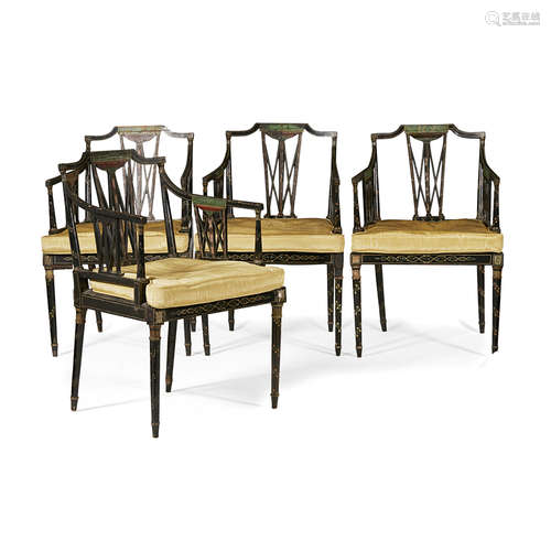 SET OF FOUR REGENCY EBONISED AND POLYCHROMED ARMCHAIRS EARLY 19TH CENTURY the square backs with