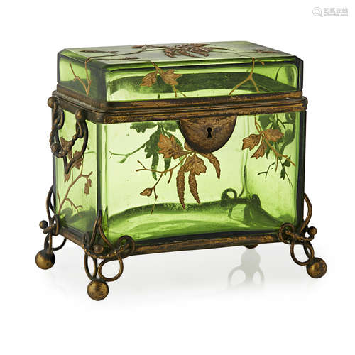 ENAMELLED GREEN GLASS CASKET, PROBABLY MOSER 19TH CENTURY of rectangular form with gilt brass