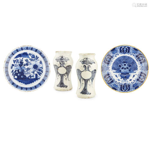 GROUP OF CONTINENTAL TIN-GLAZED POTTERY 18TH CENTURY comprising a pair of Spanish maiolica albarelli