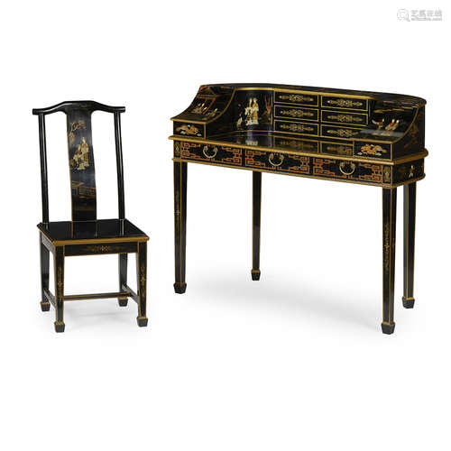 BLACK JAPANNED CARLTON HOUSE DESK AND CHAIR 20TH CENTURY the superstructure with an arrangement of