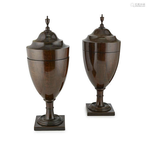 PAIR OF FINE GEORGE III MAHOGANY BANDED CUTLERY URNS LATE 18TH CENTURY each with a lift-up cover