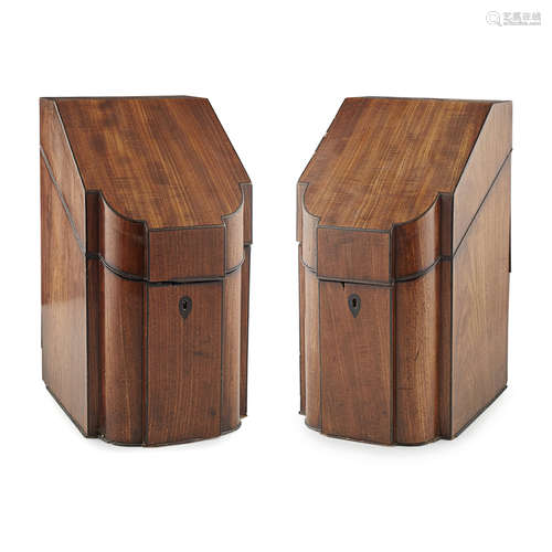 PAIR OF GEORGE III MAHOGANY KNIFE BOXES 18TH/ EARLY 19TH CENTURY of bowed breakfront outline, the