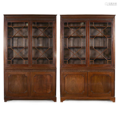 PAIR OF GEORGIAN STYLE MAHOGANY BOOKCASES 19TH CENTURY the dentil moulded cornices above blind