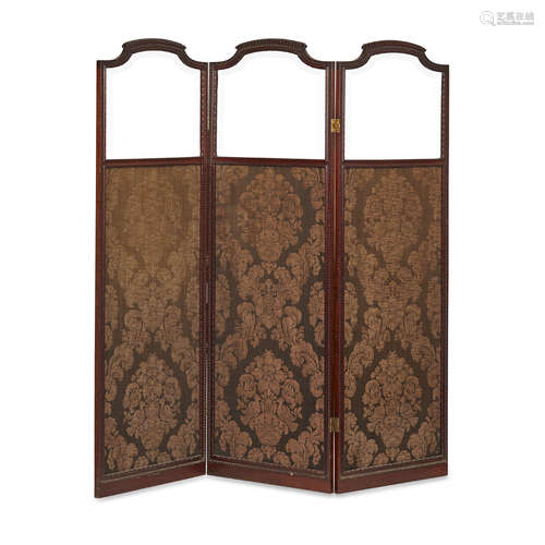 LATE VICTORIAN MAHOGANY FRAMED THREE-PANEL FLOOR SCREEN LATE 19TH CENTURY each panel with a bevelled