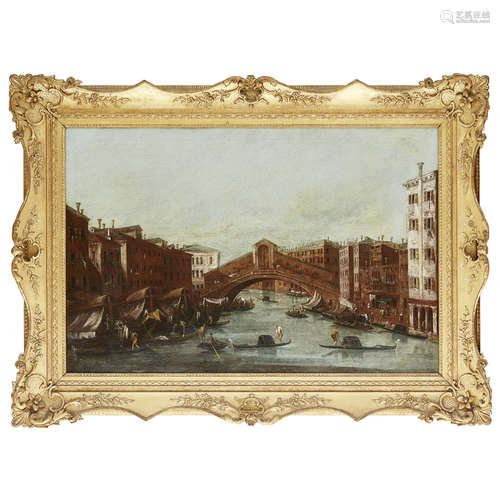 18TH/19TH CENTURY ITALIAN SCHOOL THE RIALTO BRIDGE FROM THE GRAND CANAL Oil on canvas 53cm x 78cm (