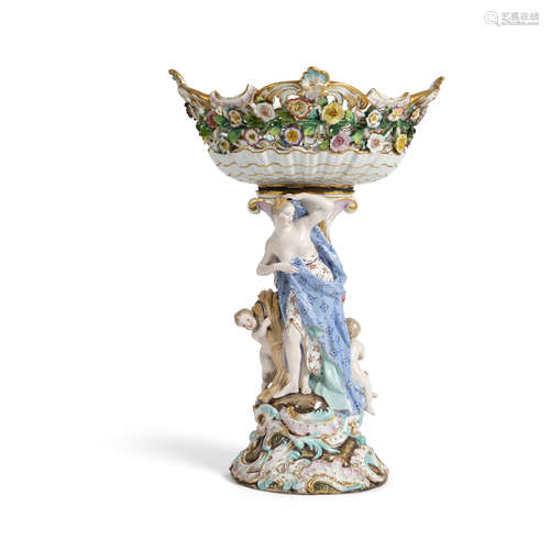 MEISSEN PORCELAIN FIGURAL COMPORT LATE 19TH/ EARLY 20TH CENTURY the pierced basket applied with