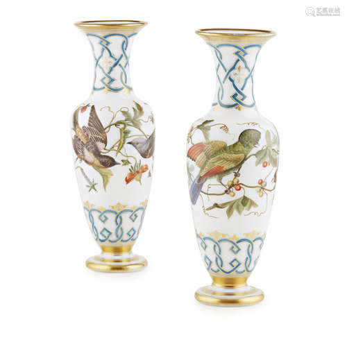 PAIR OF ENAMELLED OPALINE GLASS VASES, ATTRIBUTED TO THE ATELIER OF JEAN-FRANÇOIS ROBERT 1845-1855