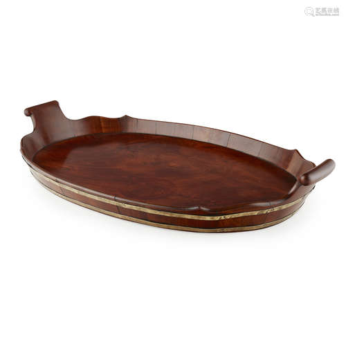 DUTCH BRASS BOUND MAHOGANY TRAY 18TH CENTURY of oval form with splayed twin handles and an everted