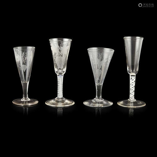 THREE GEORGIAN ETCHED ALE GLASSES 18TH CENTURY all of varying heights with conical bowls, one raised