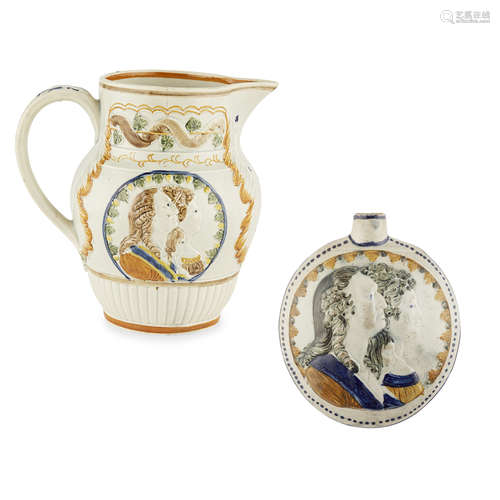 GEORGIAN 'ROYAL SUFFERERS' PRATTWARE JUG AND FLASK LATE 18TH/ EARLY 19TH CENTURY each depicting