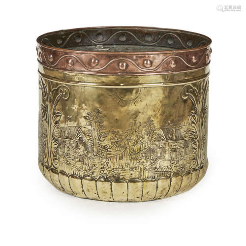 DUTCH LARGE COPPER AND BRASS LOG BIN 19TH CENTURY the sides with repousse and punched decoration