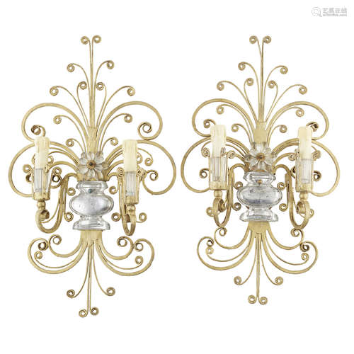 PAIR OF ART DECO GILT WROUGHT IRON AND GLASS SCONCES IN THE MANNER OF MAISON BAGUÈS 2ND QUARTER 20TH