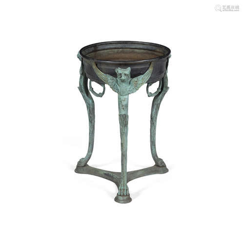 ROMAN REVIVAL PATINATED BRONZE AND BRASS BRAZIER, AFTER GIORGIO SOMMER the oval pan supported on