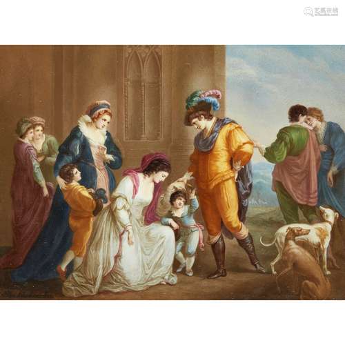 GERMAN PORCELAIN PLAQUE, AFTER ANGELICA KAUFFMAN LADY ELIZABETH GREY IMPLORING EDWARD IV TO