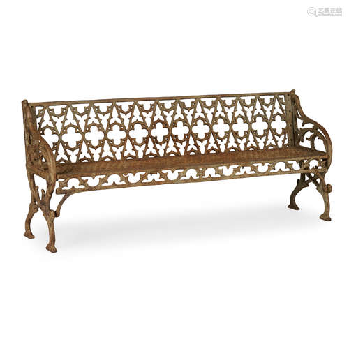 EARLY VICTORIAN CAST IRON BENCH 19TH CENTURY with quatrefoil pierced panel back and foliate scroll