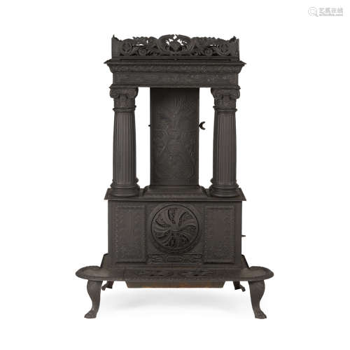 UNUSUAL AMERICAN CAST IRON PARLOUR STOVE 19TH CENTURY in the form of a Greek portico, the side panel